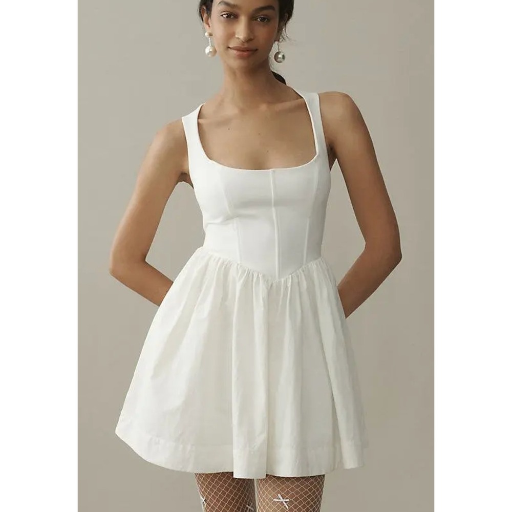 BHLDN Anthropologie Sleeveless Scoop Neck Fit & Flare Mini Dress in White sz M